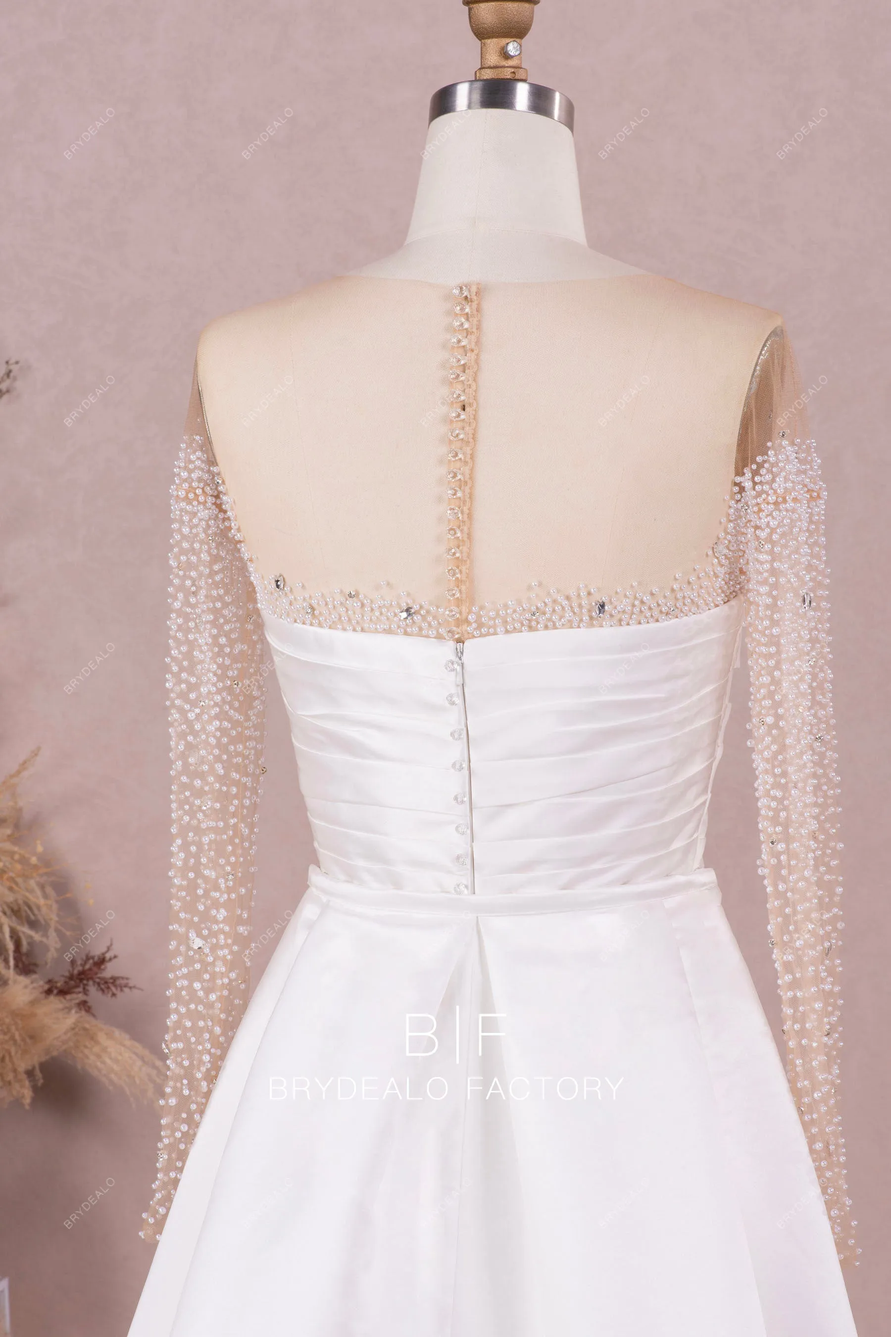 Long Sleeve Illusion Neck Designer Pearls Overskirt Wedding Gown