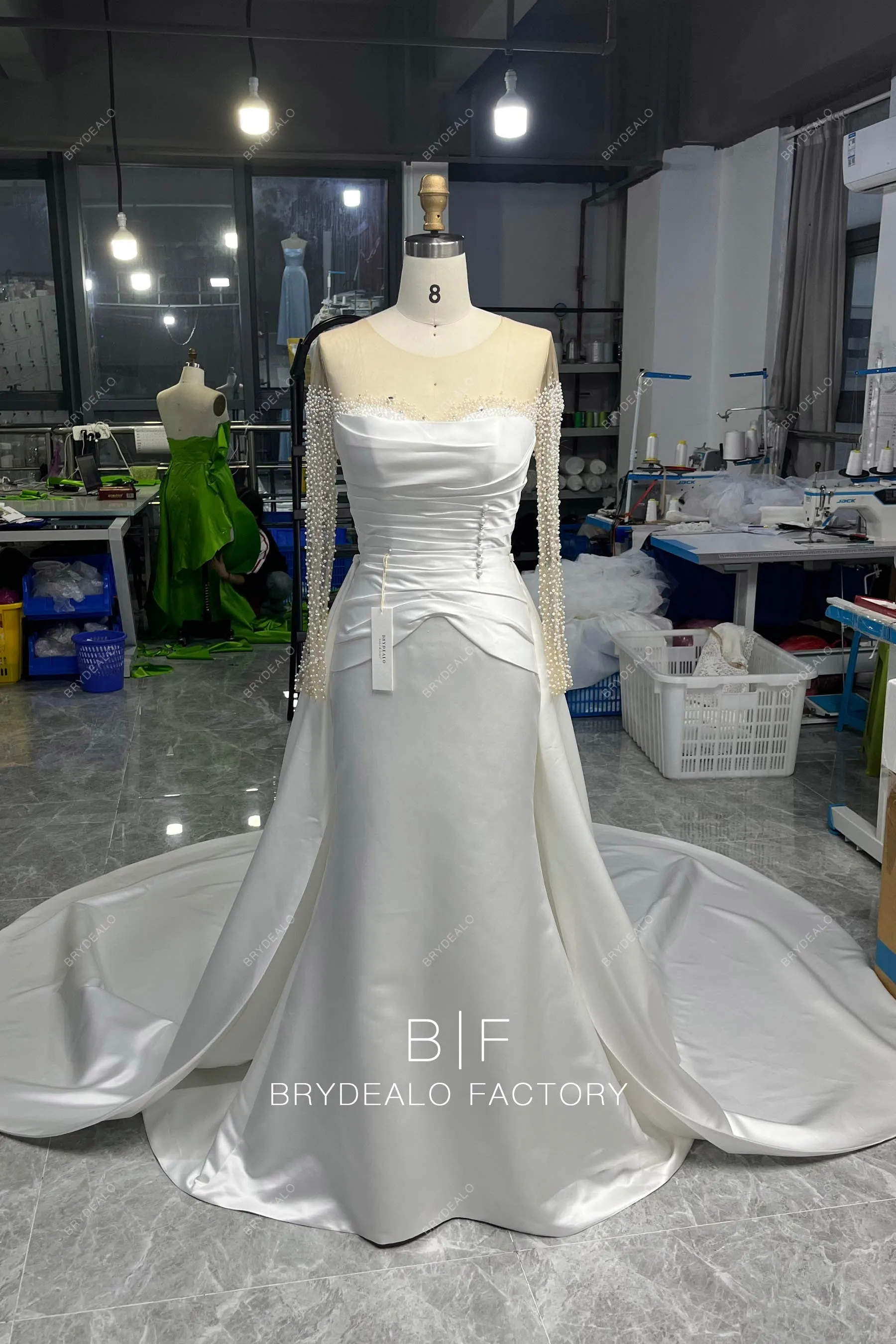 Long Sleeve Illusion Neck Designer Pearls Overskirt Wedding Gown