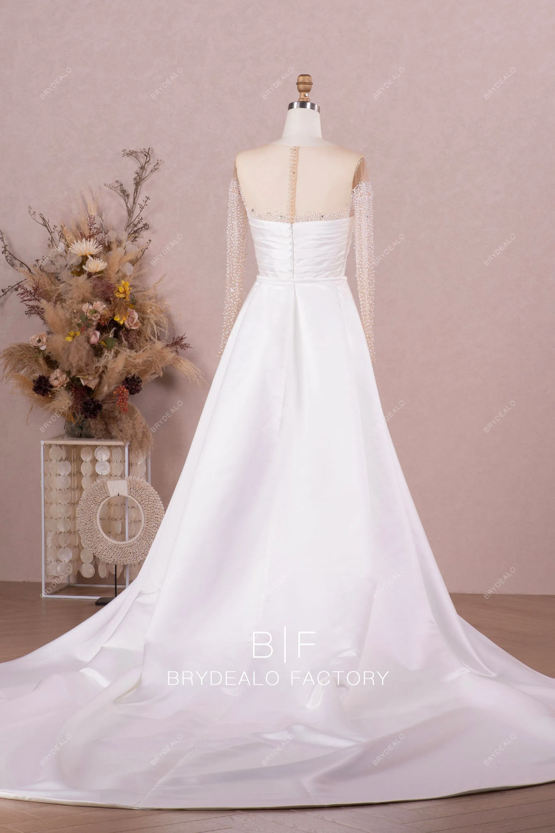 Long Sleeve Illusion Neck Designer Pearls Overskirt Wedding Gown