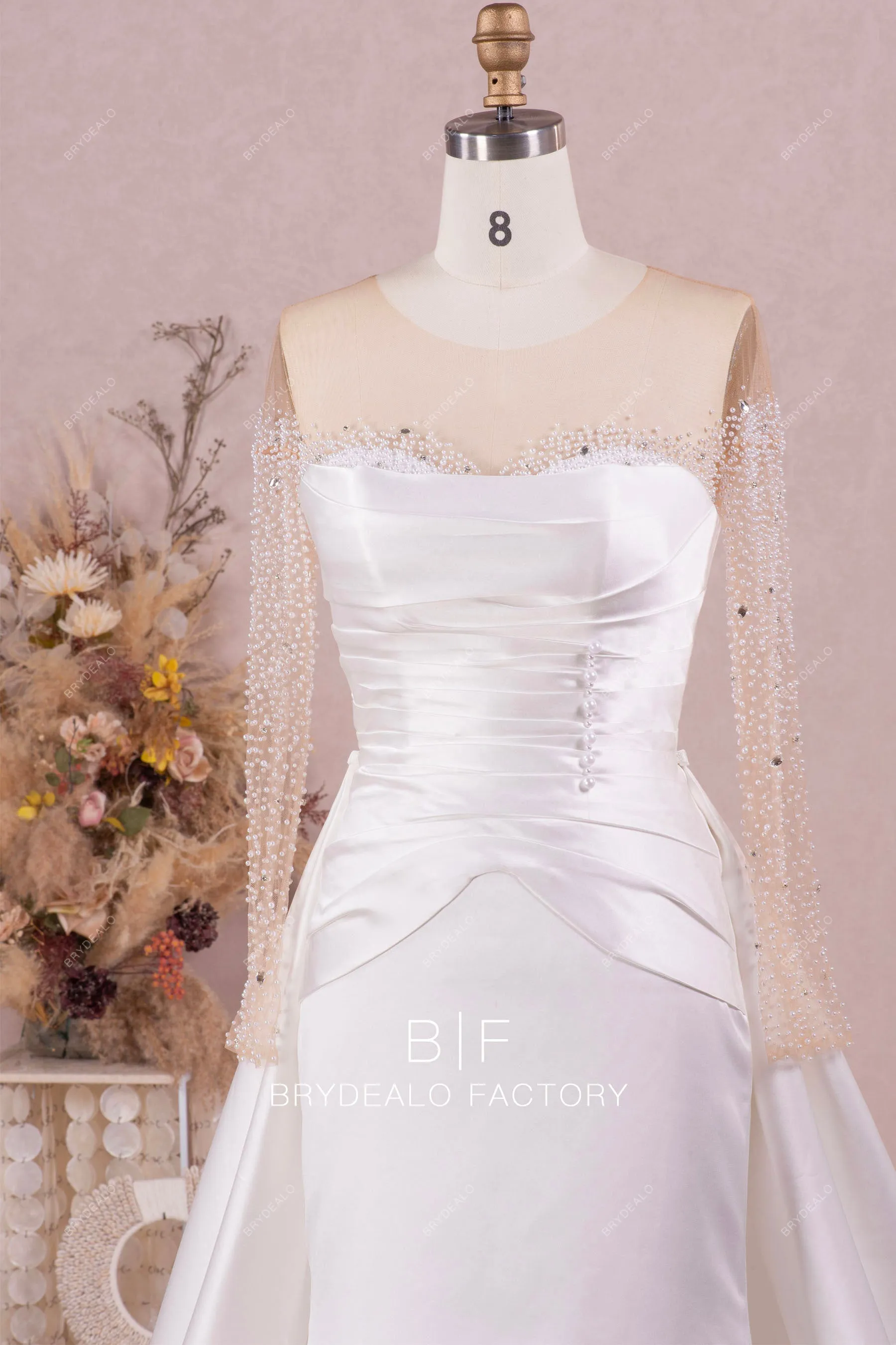 Long Sleeve Illusion Neck Designer Pearls Overskirt Wedding Gown