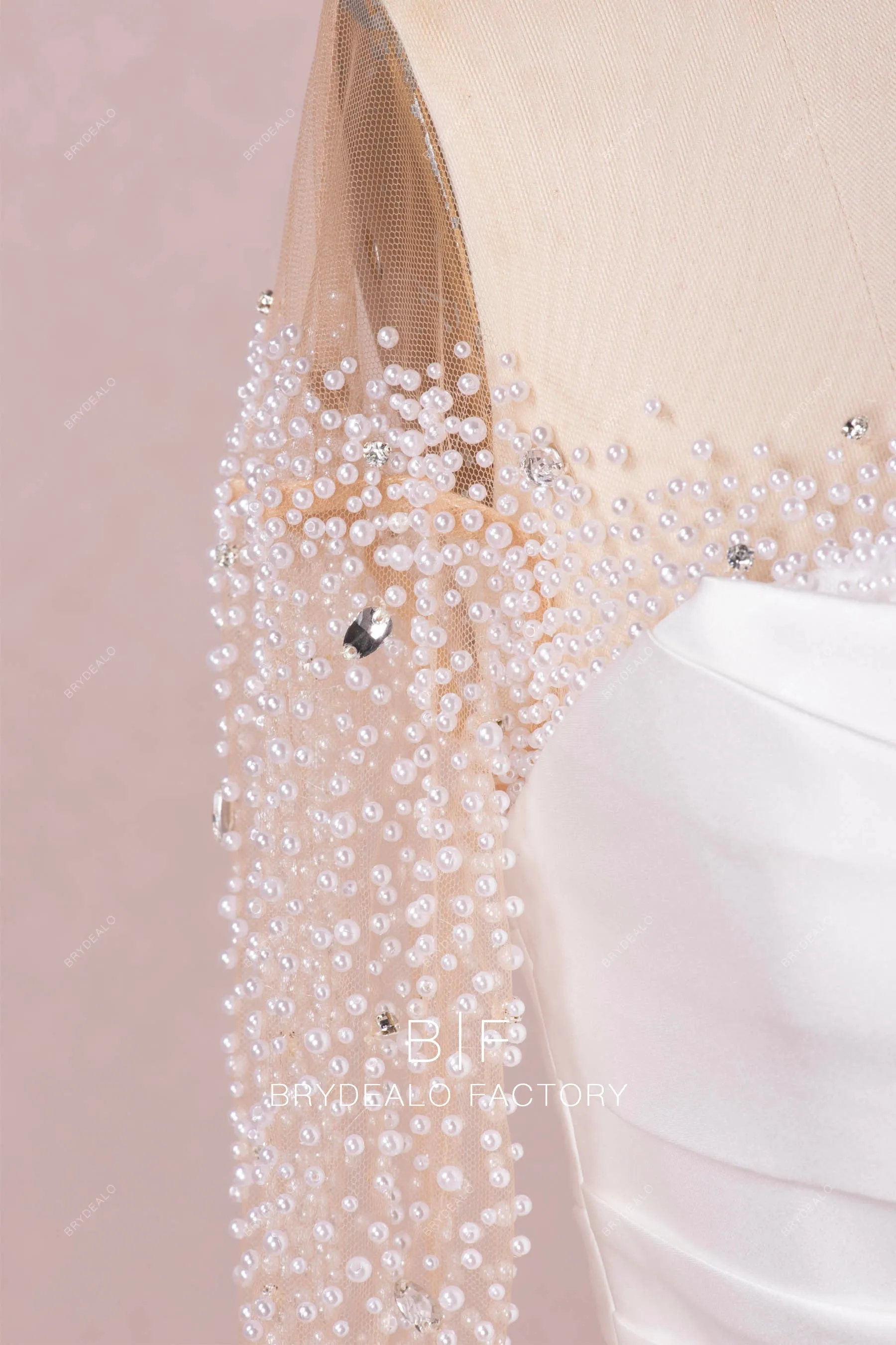 Long Sleeve Illusion Neck Designer Pearls Overskirt Wedding Gown