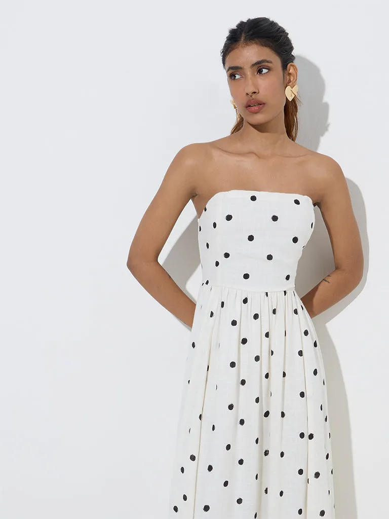 LOV White Polka Dotted Linen-Blend Maxi Dress