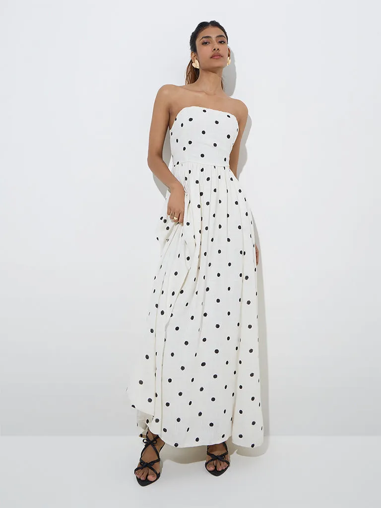 LOV White Polka Dotted Linen-Blend Maxi Dress