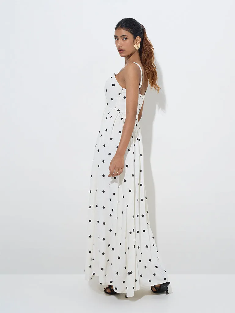 LOV White Polka Dotted Linen-Blend Maxi Dress