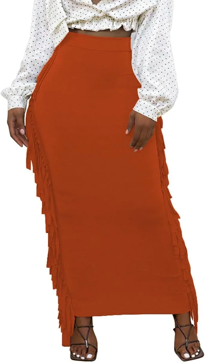 Lrady Women's Elastic Waist Slim Bodycon Side Tassels Long Maxi Pencil Skirts