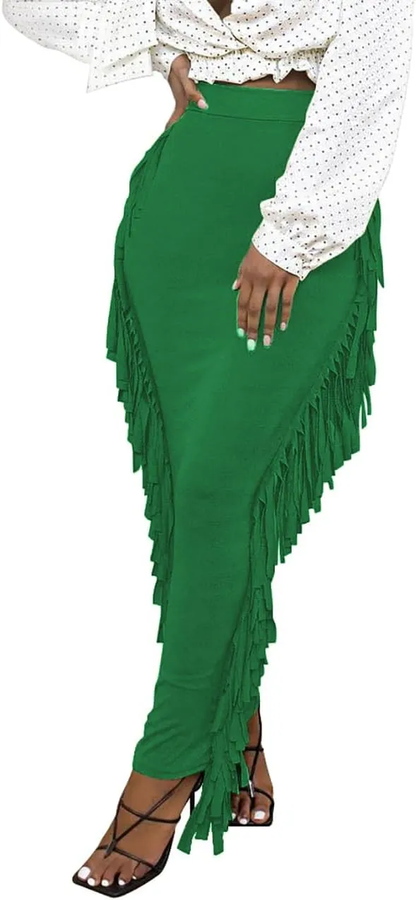 Lrady Women's Elastic Waist Slim Bodycon Side Tassels Long Maxi Pencil Skirts