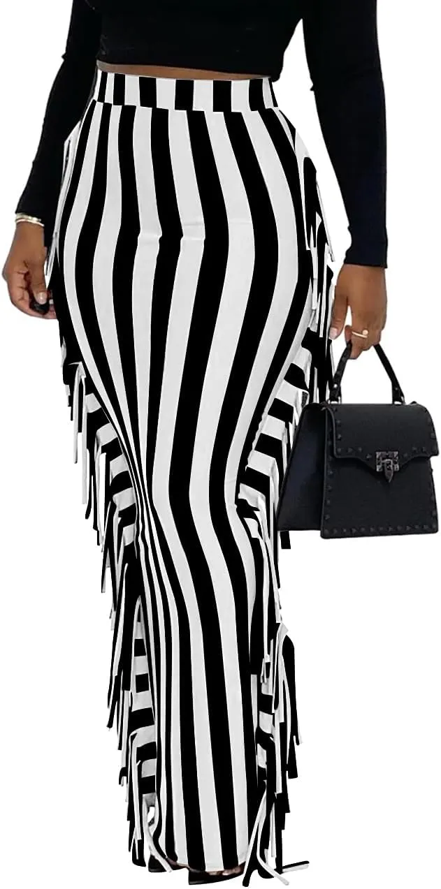 Lrady Women's Elastic Waist Slim Bodycon Side Tassels Long Maxi Pencil Skirts