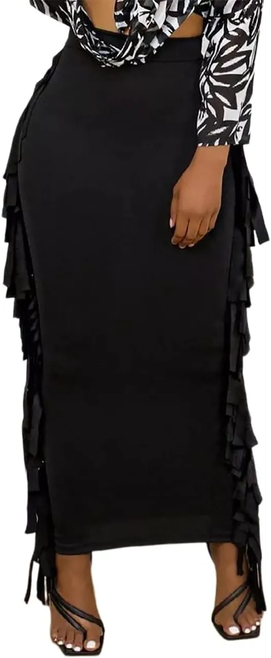 Lrady Women's Elastic Waist Slim Bodycon Side Tassels Long Maxi Pencil Skirts
