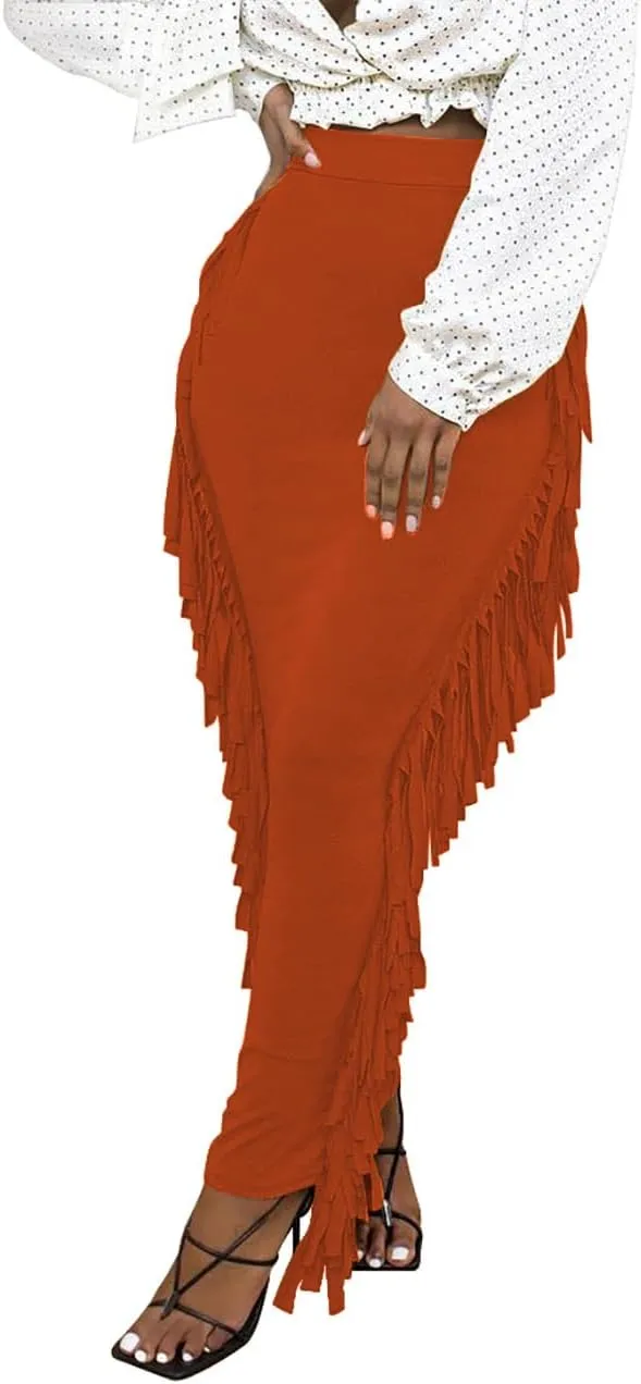 Lrady Women's Elastic Waist Slim Bodycon Side Tassels Long Maxi Pencil Skirts