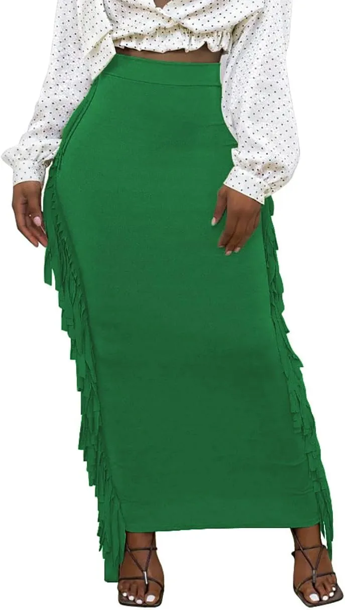 Lrady Women's Elastic Waist Slim Bodycon Side Tassels Long Maxi Pencil Skirts