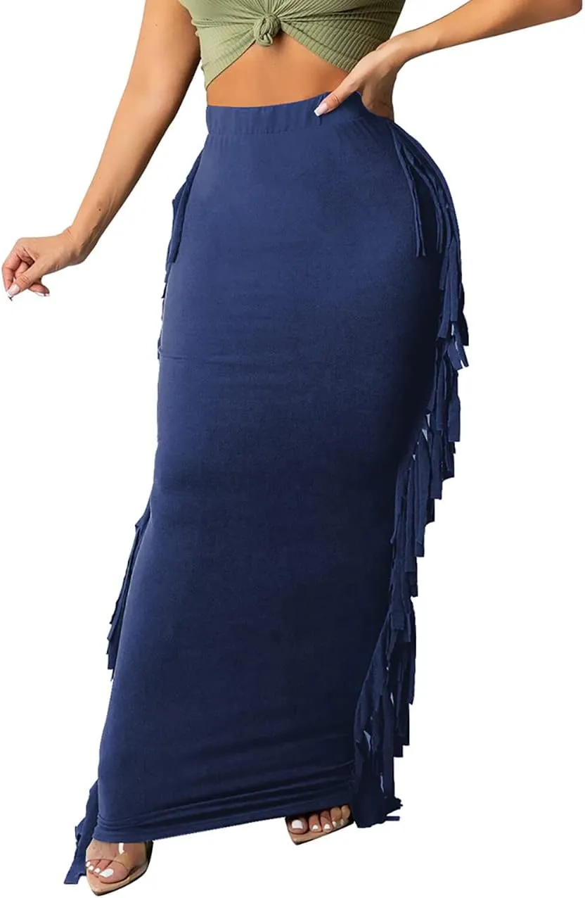 Lrady Women's Elastic Waist Slim Bodycon Side Tassels Long Maxi Pencil Skirts