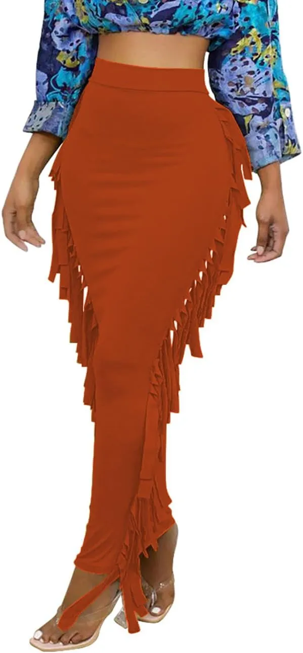 Lrady Women's Elastic Waist Slim Bodycon Side Tassels Long Maxi Pencil Skirts