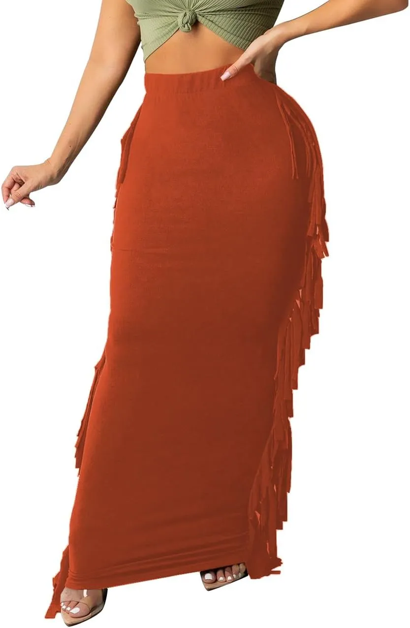 Lrady Women's Elastic Waist Slim Bodycon Side Tassels Long Maxi Pencil Skirts