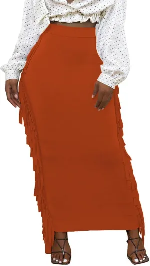 Lrady Women's Elastic Waist Slim Bodycon Side Tassels Long Maxi Pencil Skirts