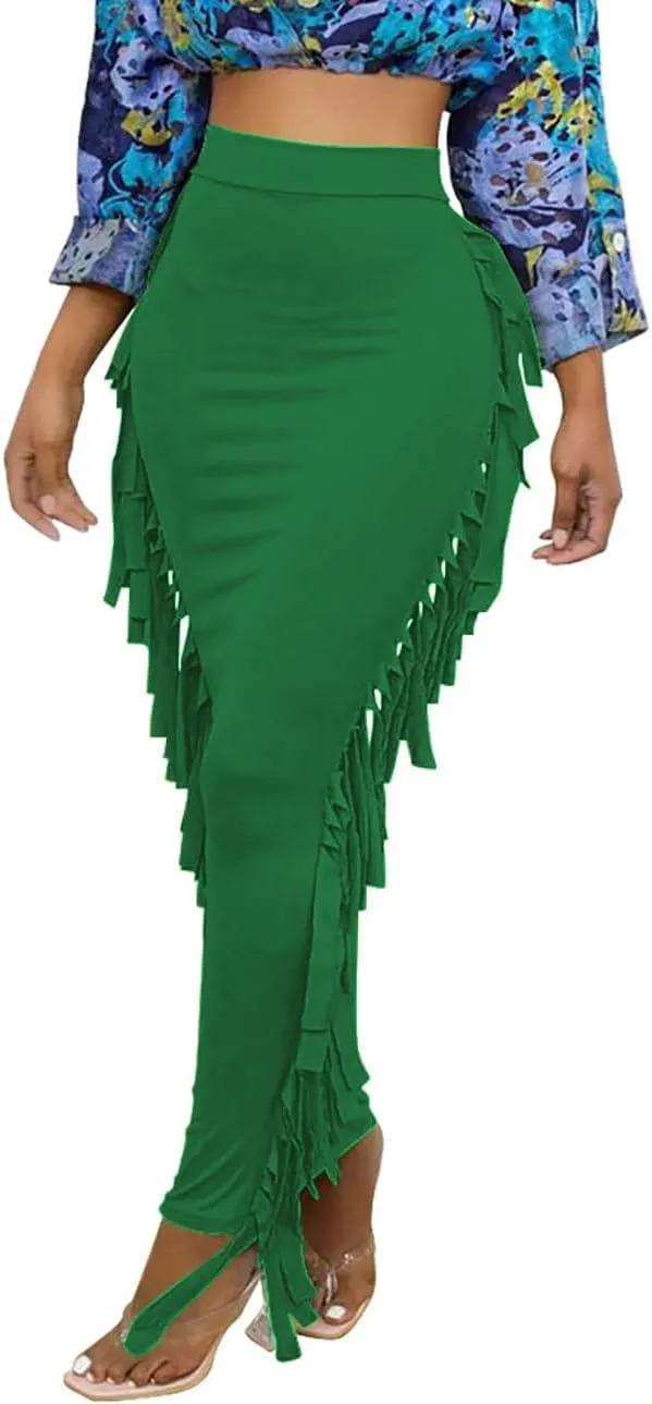 Lrady Women's Elastic Waist Slim Bodycon Side Tassels Long Maxi Pencil Skirts