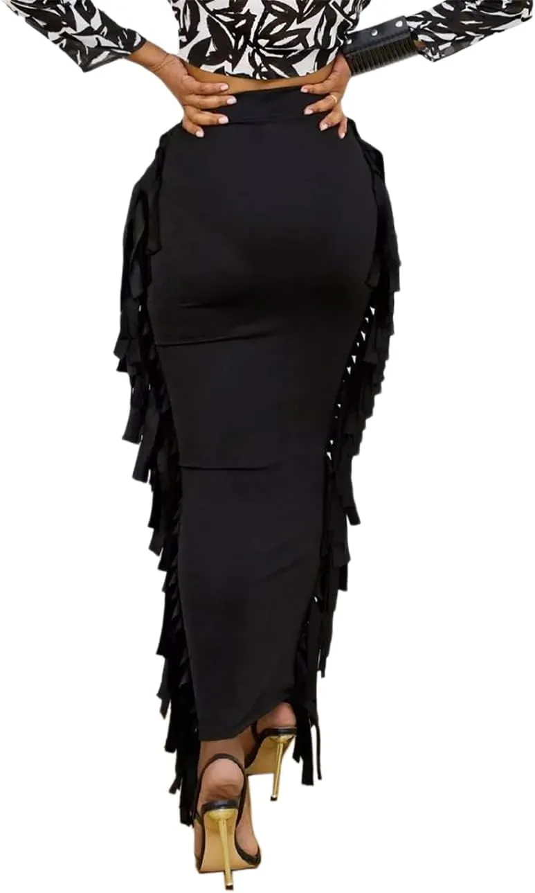 Lrady Women's Elastic Waist Slim Bodycon Side Tassels Long Maxi Pencil Skirts