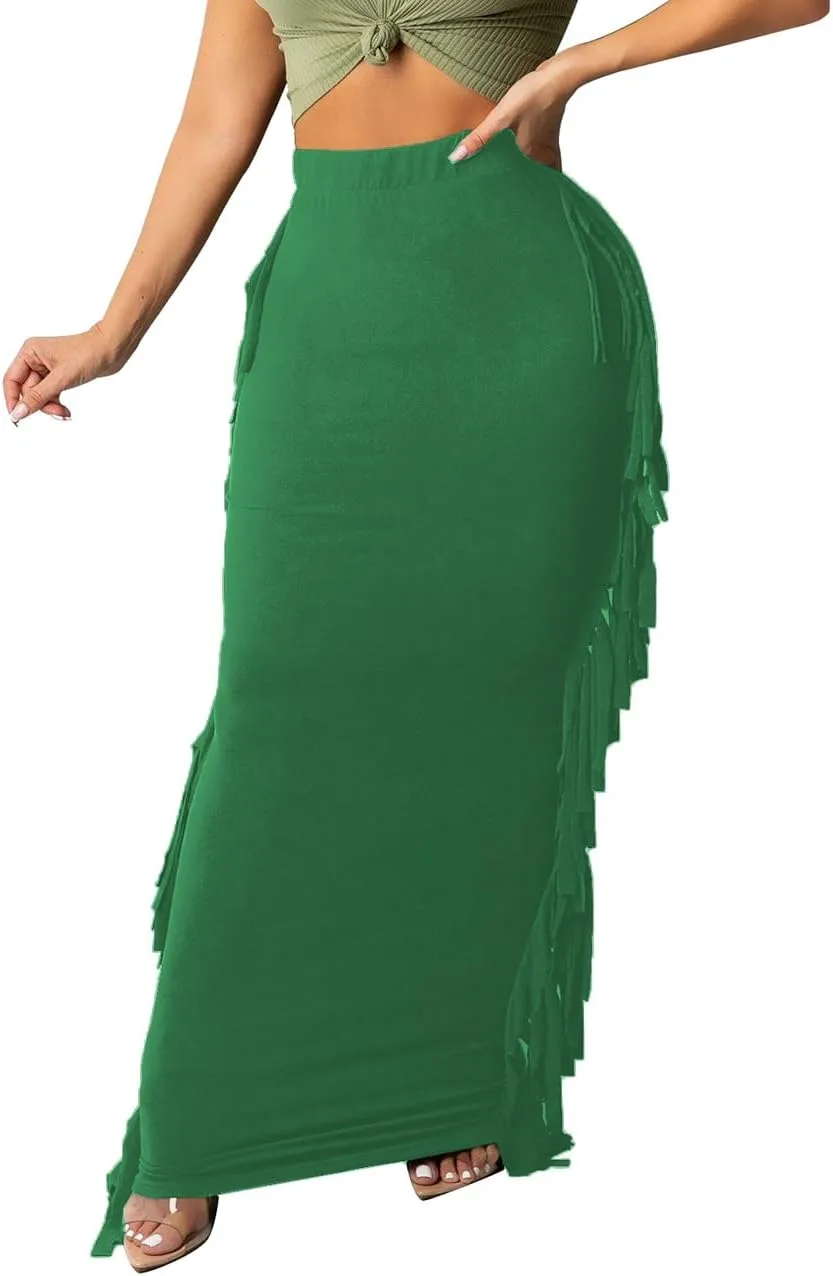 Lrady Women's Elastic Waist Slim Bodycon Side Tassels Long Maxi Pencil Skirts