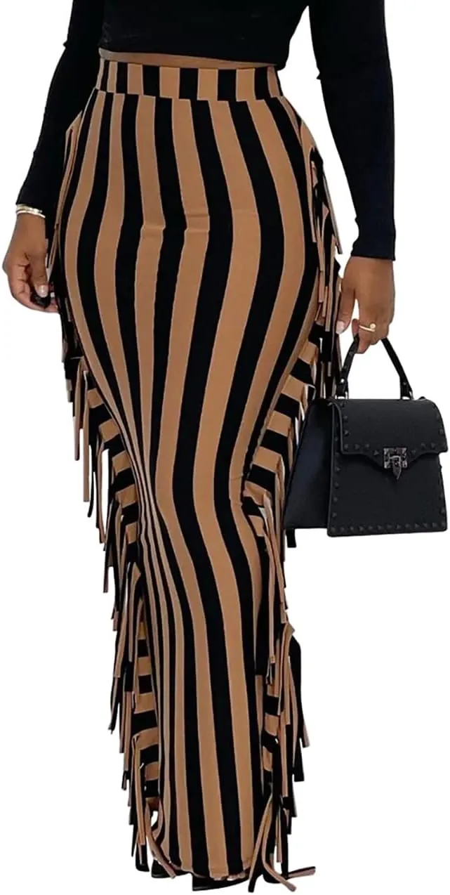 Lrady Women's Elastic Waist Slim Bodycon Side Tassels Long Maxi Pencil Skirts