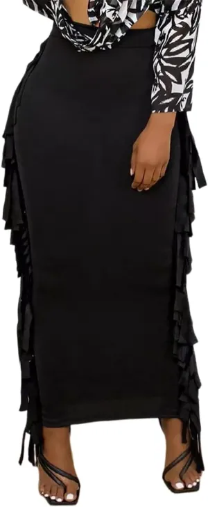 Lrady Women's Elastic Waist Slim Bodycon Side Tassels Long Maxi Pencil Skirts