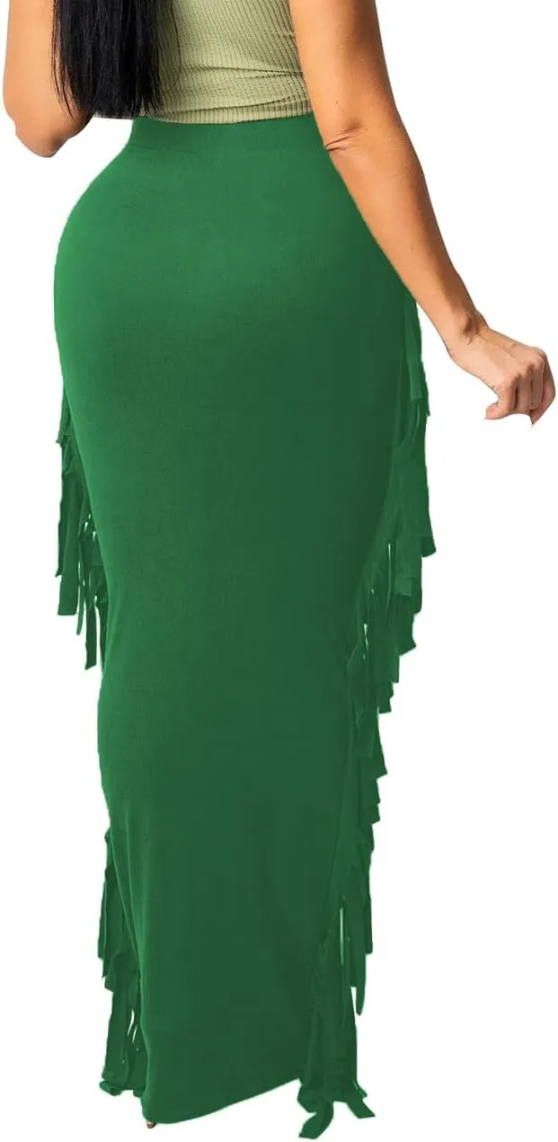 Lrady Women's Elastic Waist Slim Bodycon Side Tassels Long Maxi Pencil Skirts