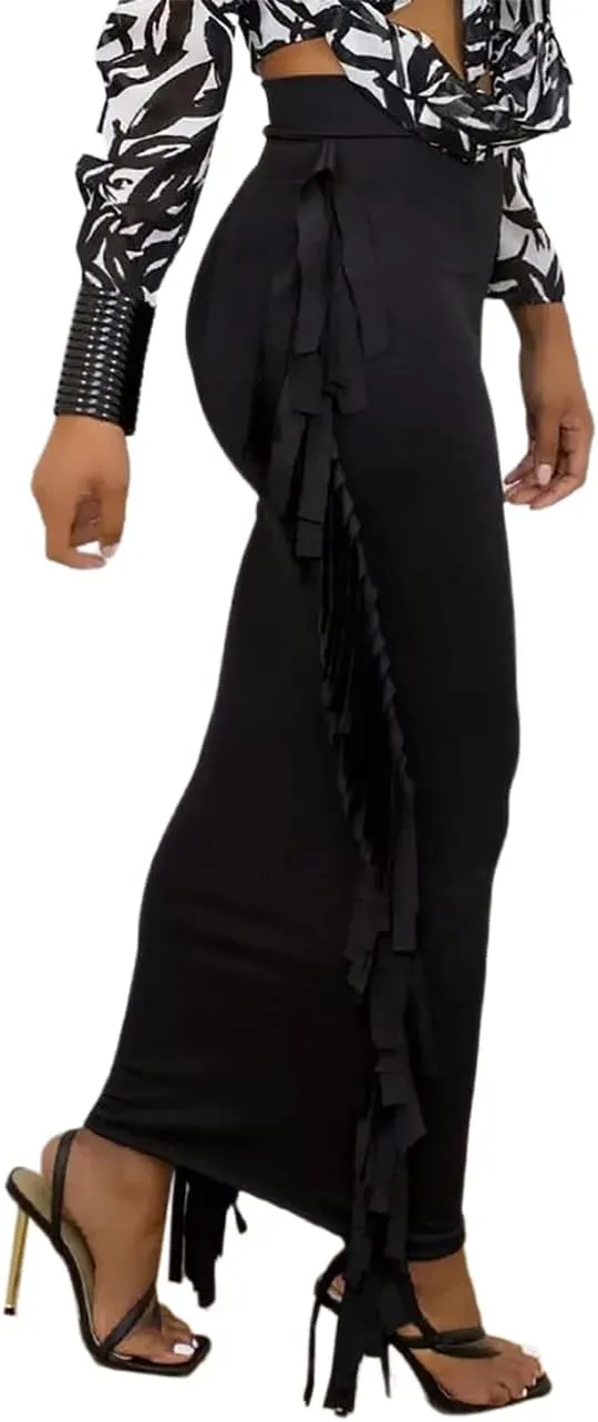 Lrady Women's Elastic Waist Slim Bodycon Side Tassels Long Maxi Pencil Skirts