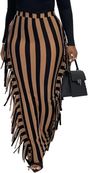 Lrady Women's Elastic Waist Slim Bodycon Side Tassels Long Maxi Pencil Skirts
