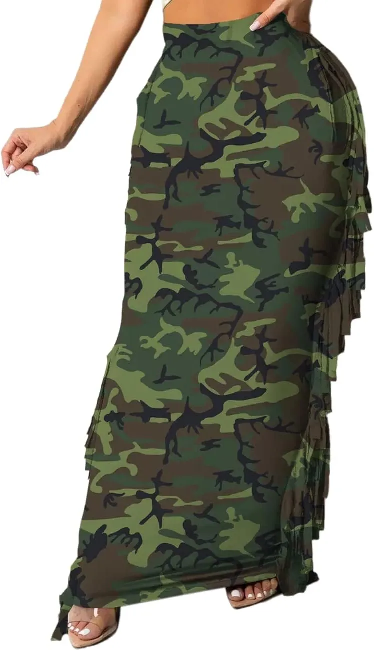 Lrady Women's Elastic Waist Slim Bodycon Side Tassels Long Maxi Pencil Skirts