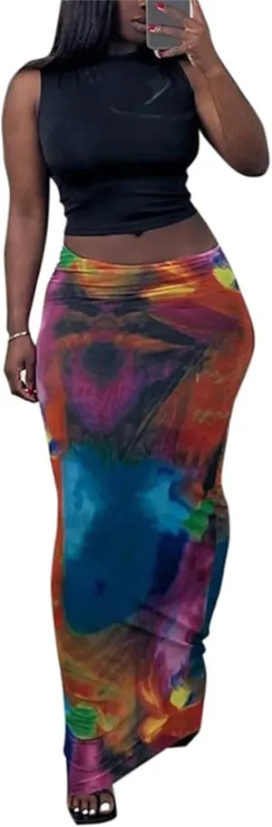 LROSEY Spring Skirts for Women 2025 Trendy Summer Stretch Satin High Waisted Long Floral Print Bodycon Maxi Skirt