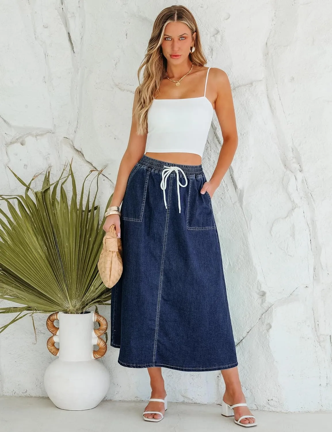 luvamia Denim Skirts for Women Trendy A Line Long Maxi Pull On Elastic Waist Drawstring Stretchy Jean Skirt with Pockets