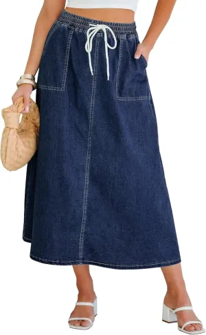 luvamia Denim Skirts for Women Trendy A Line Long Maxi Pull On Elastic Waist Drawstring Stretchy Jean Skirt with Pockets