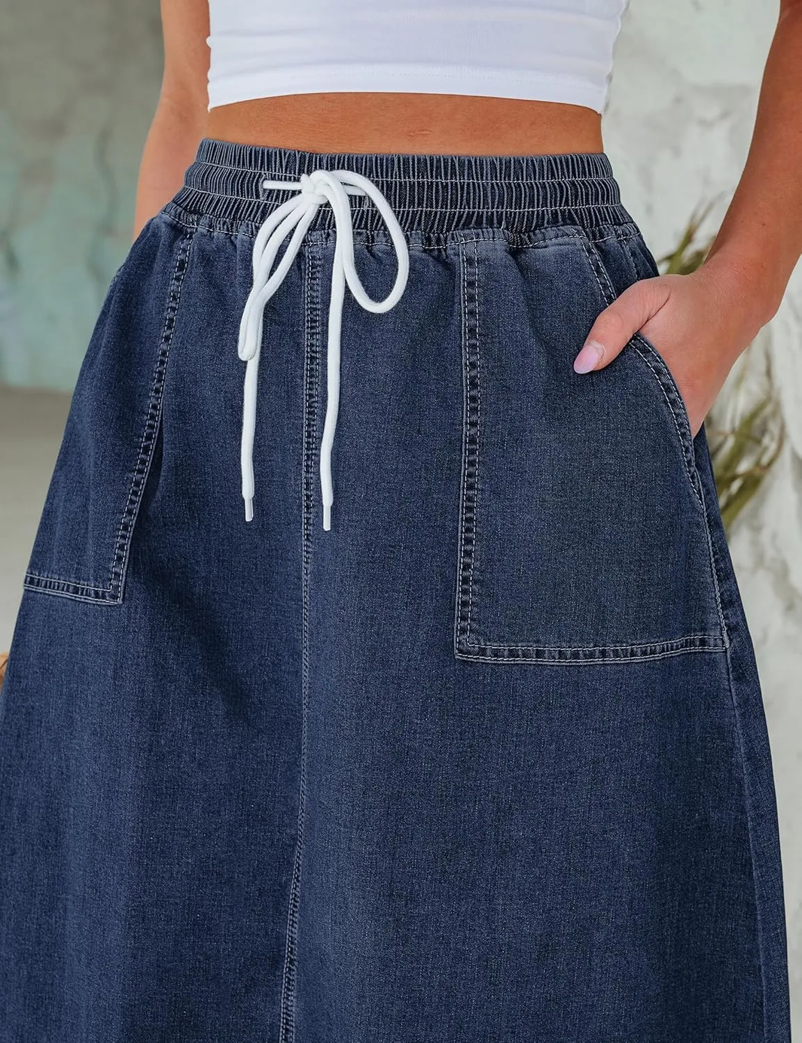 luvamia Denim Skirts for Women Trendy A Line Long Maxi Pull On Elastic Waist Drawstring Stretchy Jean Skirt with Pockets
