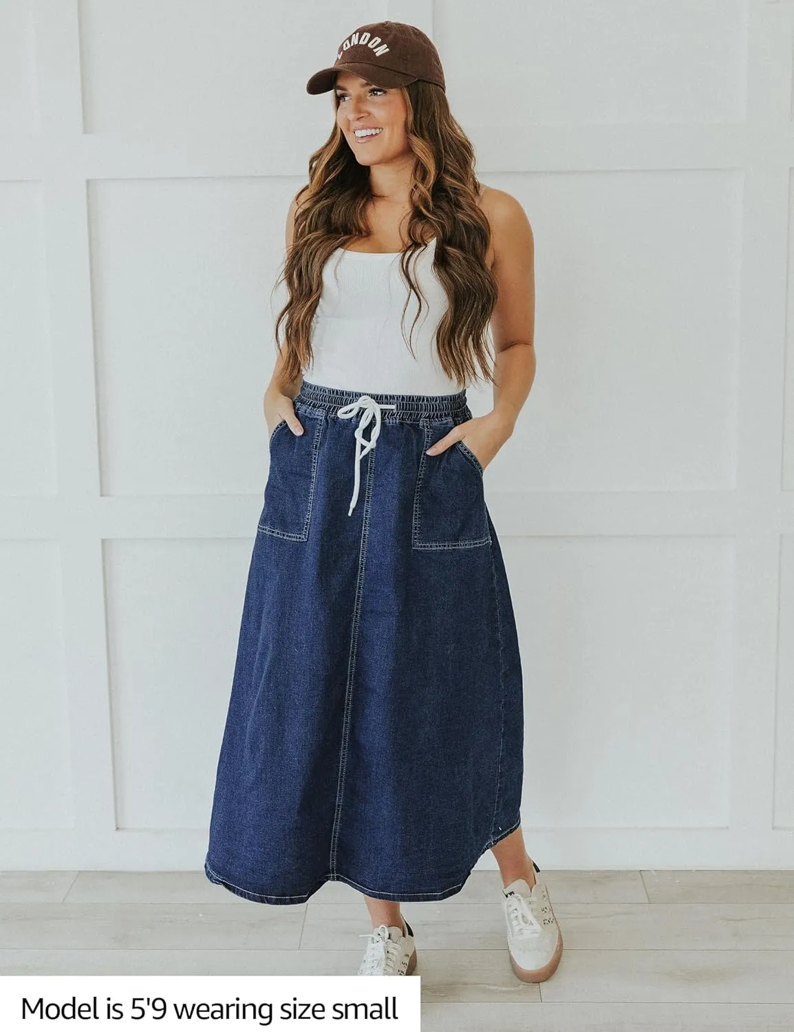 luvamia Denim Skirts for Women Trendy A Line Long Maxi Pull On Elastic Waist Drawstring Stretchy Jean Skirt with Pockets