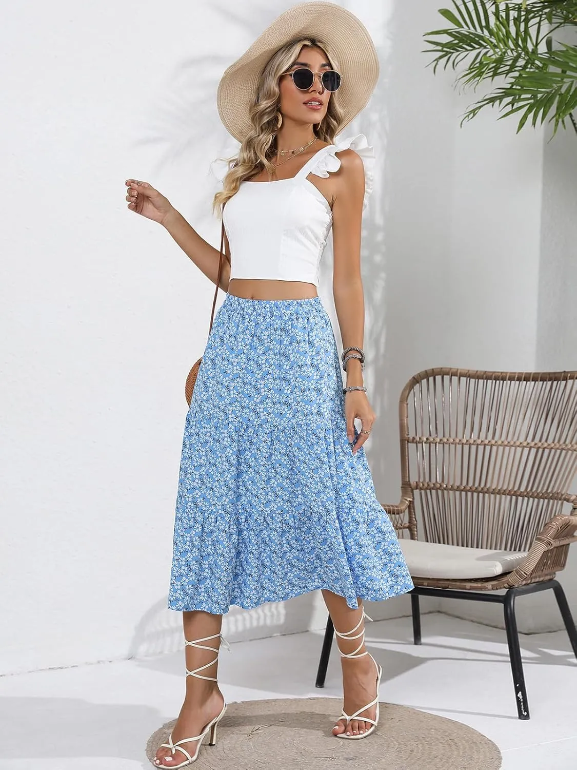 Lyrur Women's Floral Midi Skirt with Pockets High Elastic Waist Flowy Ruffle Casual Summer Boho Aline Skirts