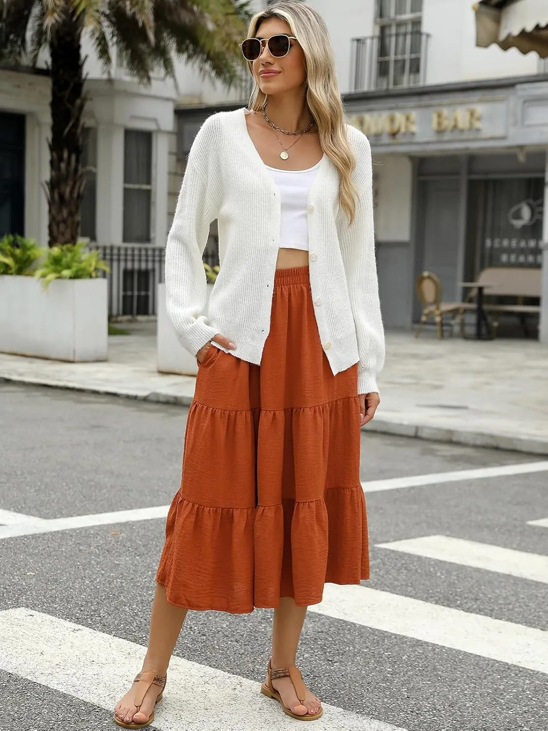 Lyrur Women's Floral Midi Skirt with Pockets High Elastic Waist Flowy Ruffle Casual Summer Boho Aline Skirts