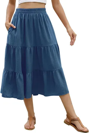 Lyrur Women's Floral Midi Skirt with Pockets High Elastic Waist Flowy Ruffle Casual Summer Boho Aline Skirts