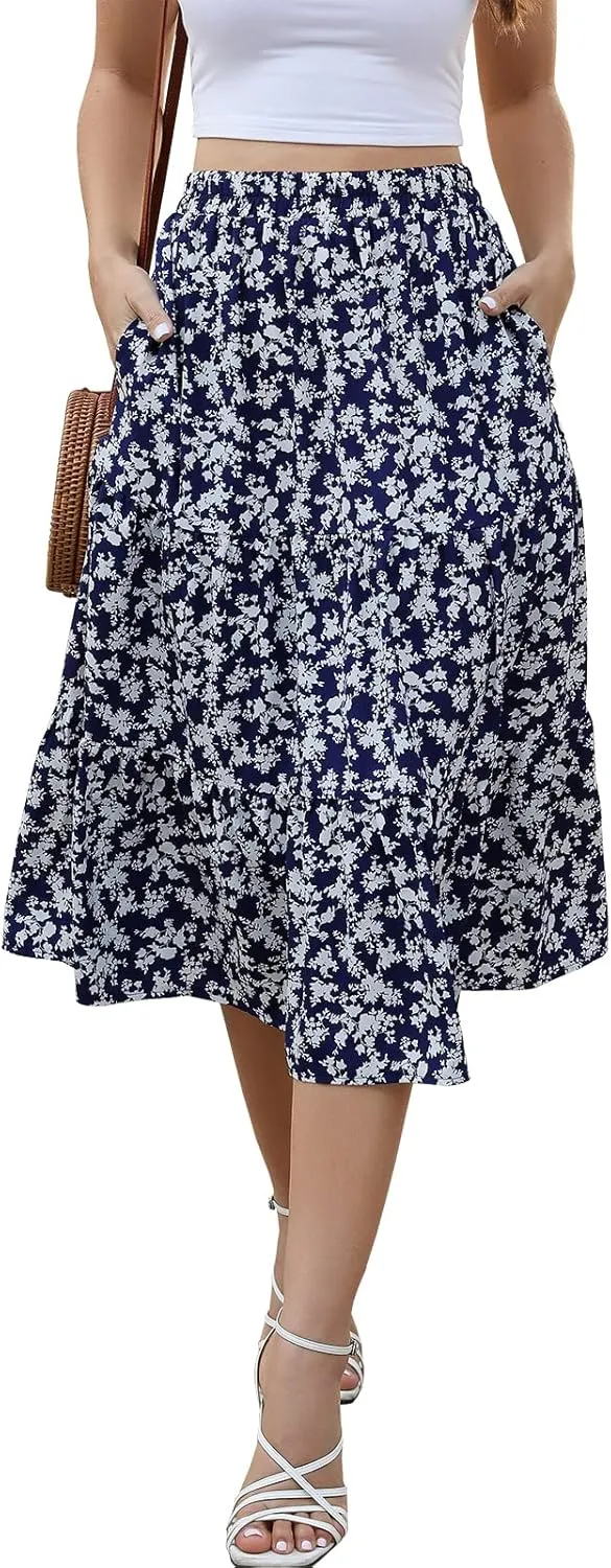 Lyrur Women's Floral Midi Skirt with Pockets High Elastic Waist Flowy Ruffle Casual Summer Boho Aline Skirts
