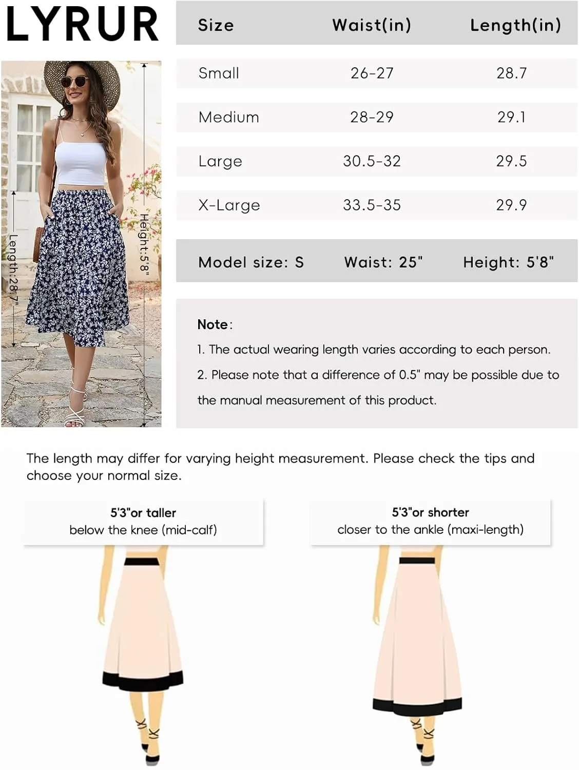 Lyrur Women's Floral Midi Skirt with Pockets High Elastic Waist Flowy Ruffle Casual Summer Boho Aline Skirts