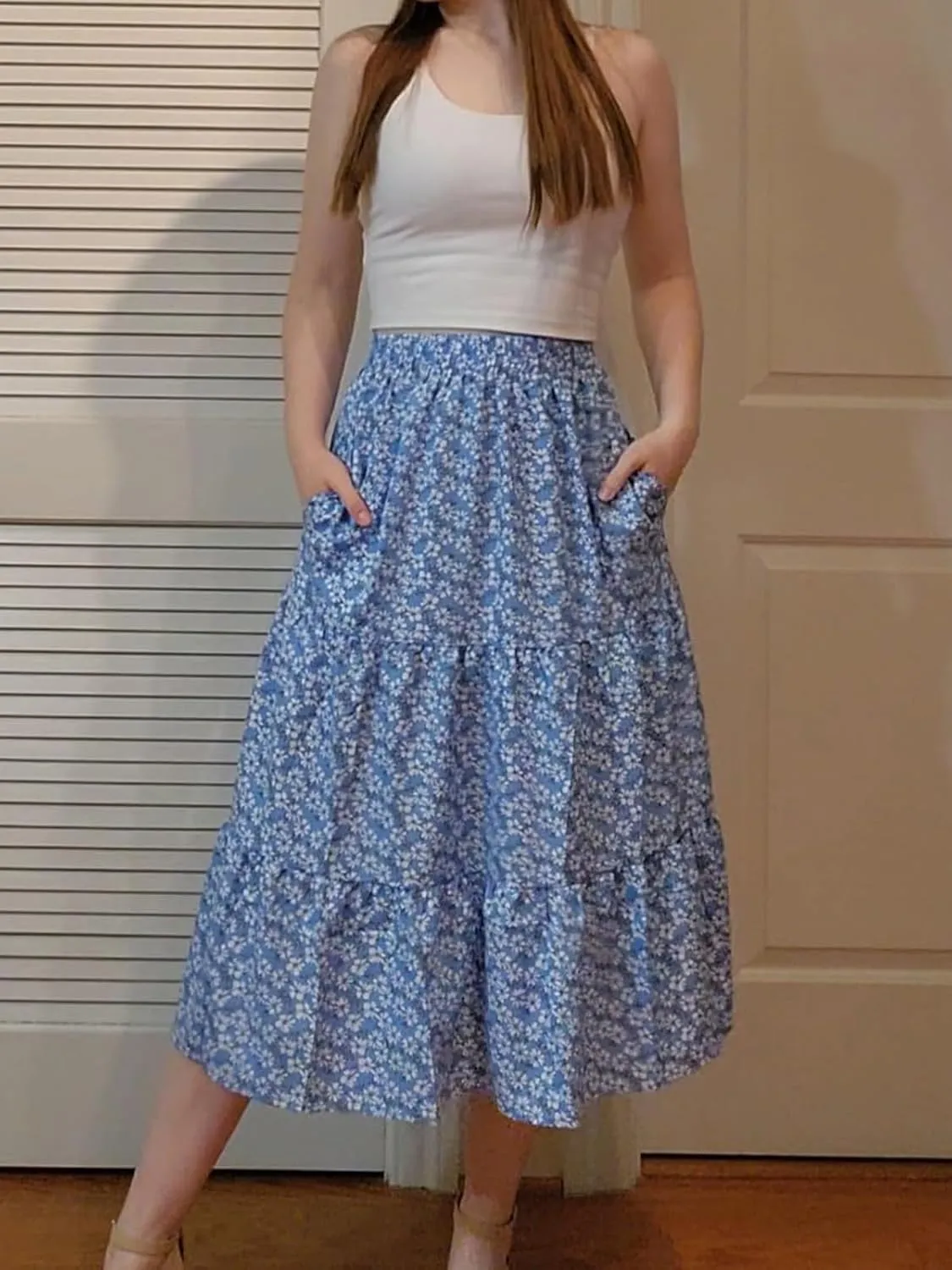 Lyrur Women's Floral Midi Skirt with Pockets High Elastic Waist Flowy Ruffle Casual Summer Boho Aline Skirts
