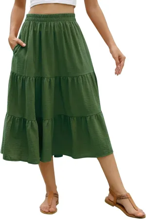 Lyrur Women's Floral Midi Skirt with Pockets High Elastic Waist Flowy Ruffle Casual Summer Boho Aline Skirts