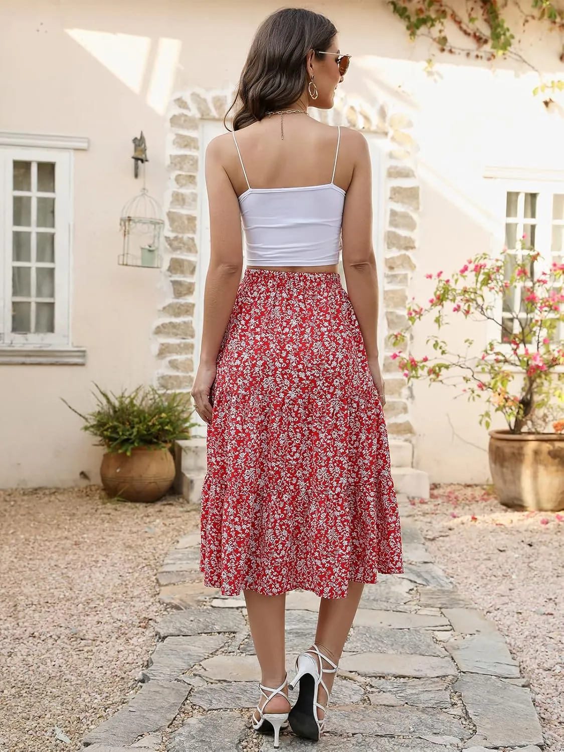 Lyrur Women's Floral Midi Skirt with Pockets High Elastic Waist Flowy Ruffle Casual Summer Boho Aline Skirts