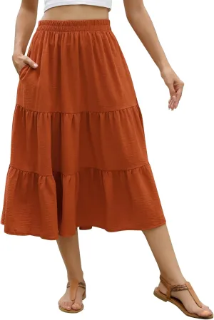 Lyrur Women's Floral Midi Skirt with Pockets High Elastic Waist Flowy Ruffle Casual Summer Boho Aline Skirts
