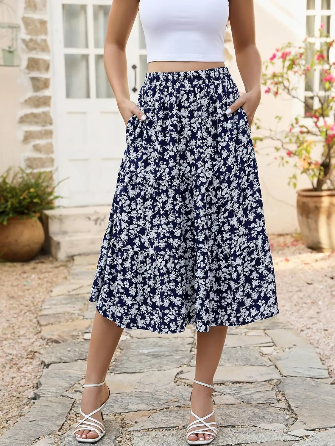 Lyrur Women's Floral Midi Skirt with Pockets High Elastic Waist Flowy Ruffle Casual Summer Boho Aline Skirts