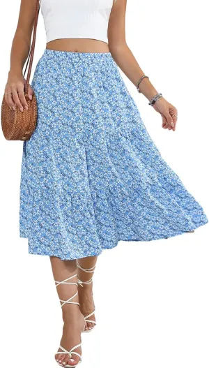 Lyrur Women's Floral Midi Skirt with Pockets High Elastic Waist Flowy Ruffle Casual Summer Boho Aline Skirts