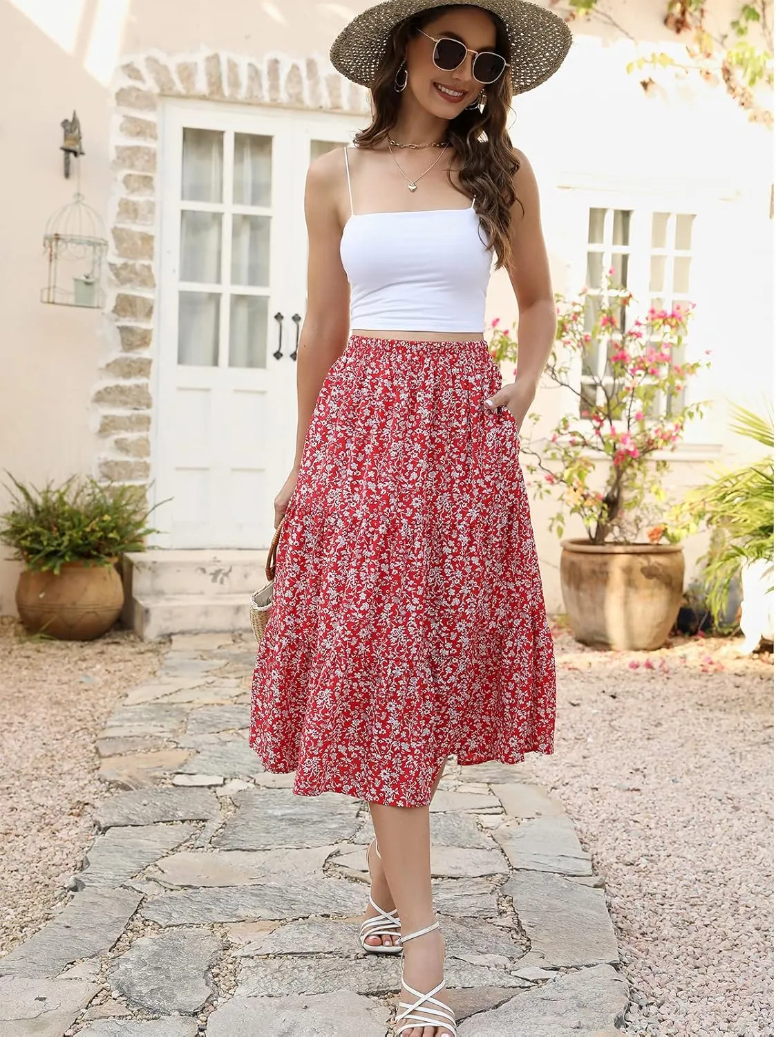 Lyrur Women's Floral Midi Skirt with Pockets High Elastic Waist Flowy Ruffle Casual Summer Boho Aline Skirts