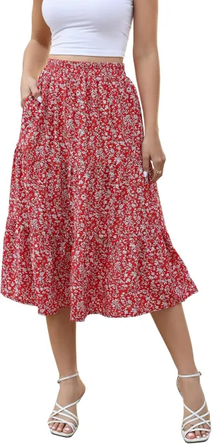 Lyrur Women's Floral Midi Skirt with Pockets High Elastic Waist Flowy Ruffle Casual Summer Boho Aline Skirts