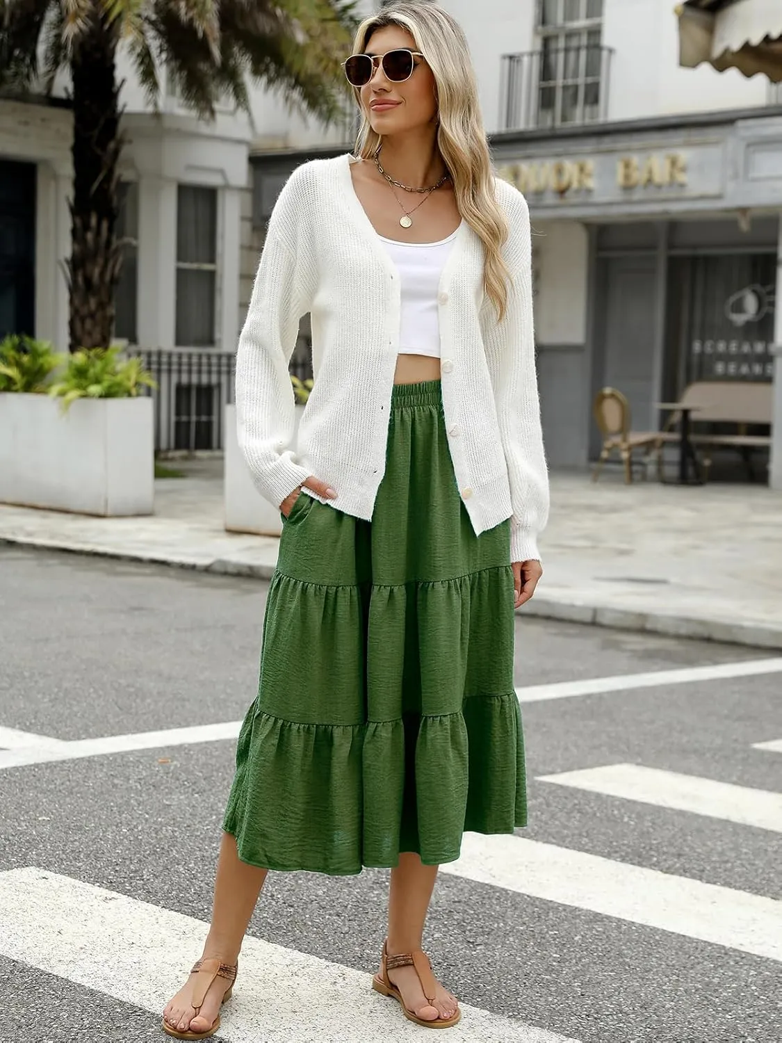 Lyrur Women's Floral Midi Skirt with Pockets High Elastic Waist Flowy Ruffle Casual Summer Boho Aline Skirts
