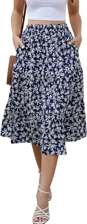 Lyrur Women's Floral Midi Skirt with Pockets High Elastic Waist Flowy Ruffle Casual Summer Boho Aline Skirts