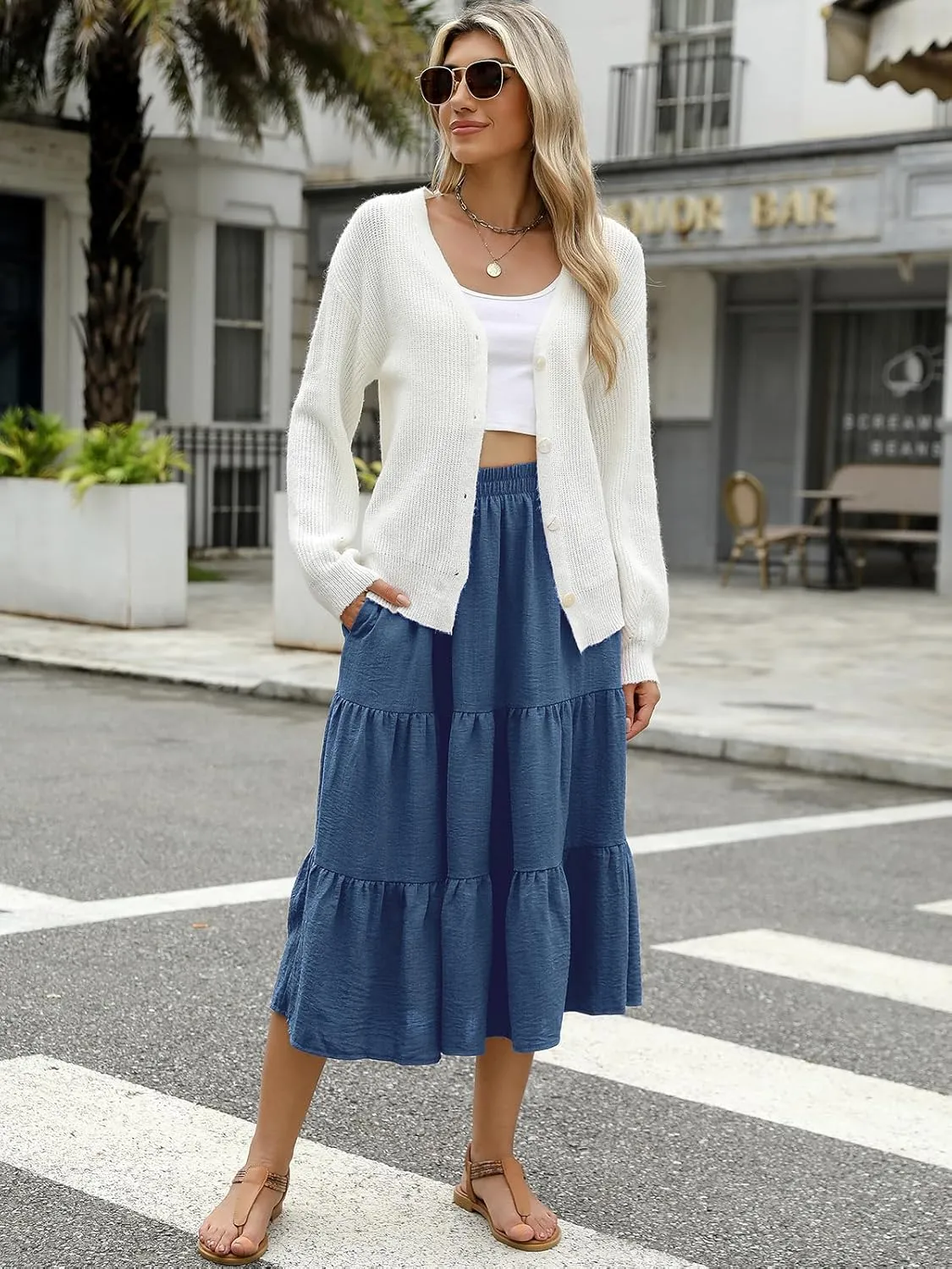 Lyrur Women's Floral Midi Skirt with Pockets High Elastic Waist Flowy Ruffle Casual Summer Boho Aline Skirts