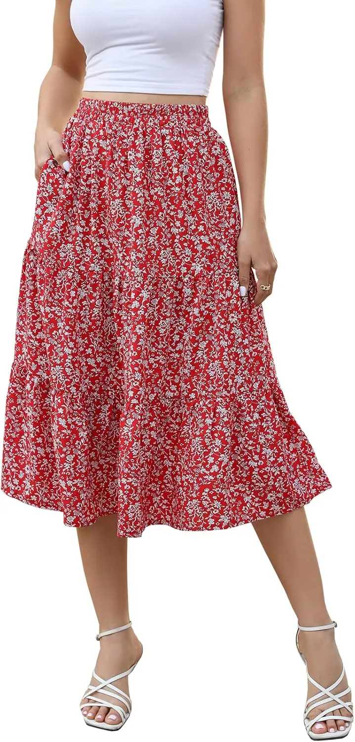 Lyrur Women's Floral Midi Skirt with Pockets High Elastic Waist Flowy Ruffle Casual Summer Boho Aline Skirts