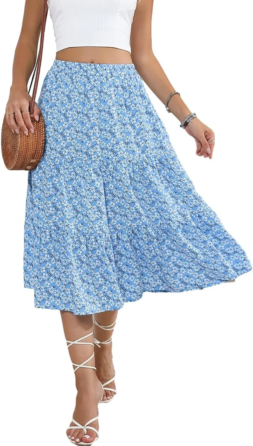 Lyrur Women's Floral Midi Skirt with Pockets High Elastic Waist Flowy Ruffle Casual Summer Boho Aline Skirts
